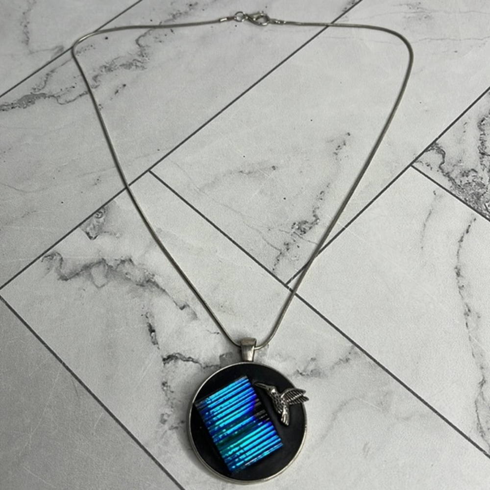 Custom Art Hummingbird Pendant with Broken Pottery Piece on 18” Silvertone Chain